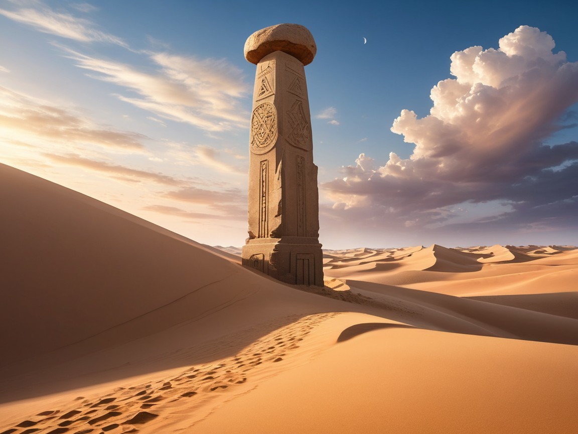 Intricately Carved Stone Monument in Desert Landscape
