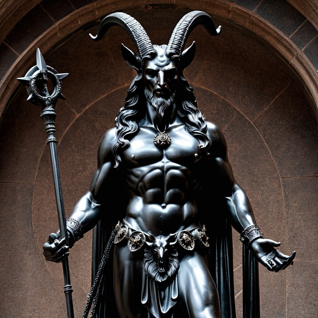 Black statue of a muscular figure with goat horns