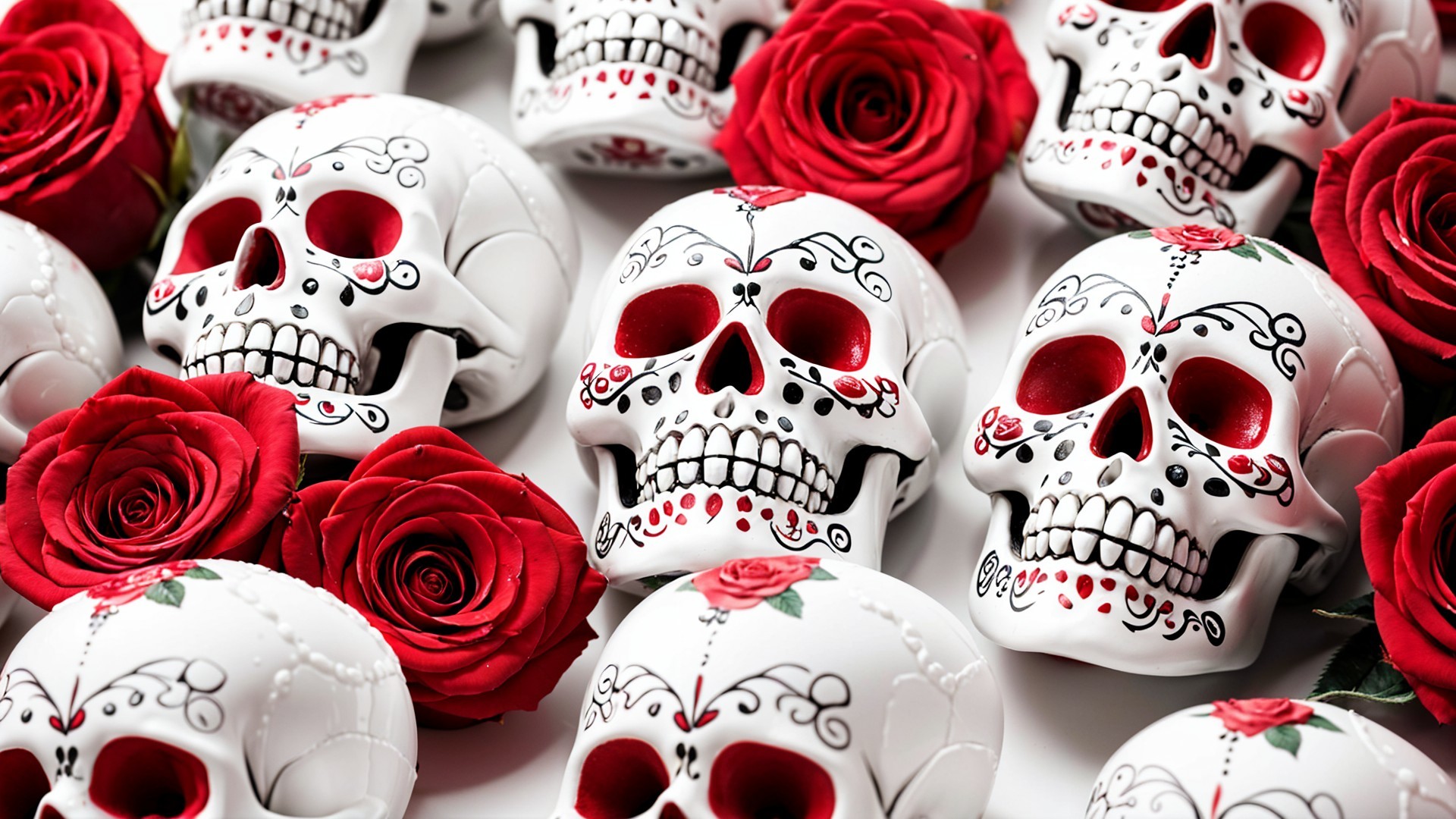 Vibrant Sugar Skulls and Red Roses for Día de los Muertos