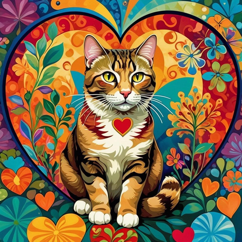 Vibrant Illustration of a Tabby Cat with Flowers