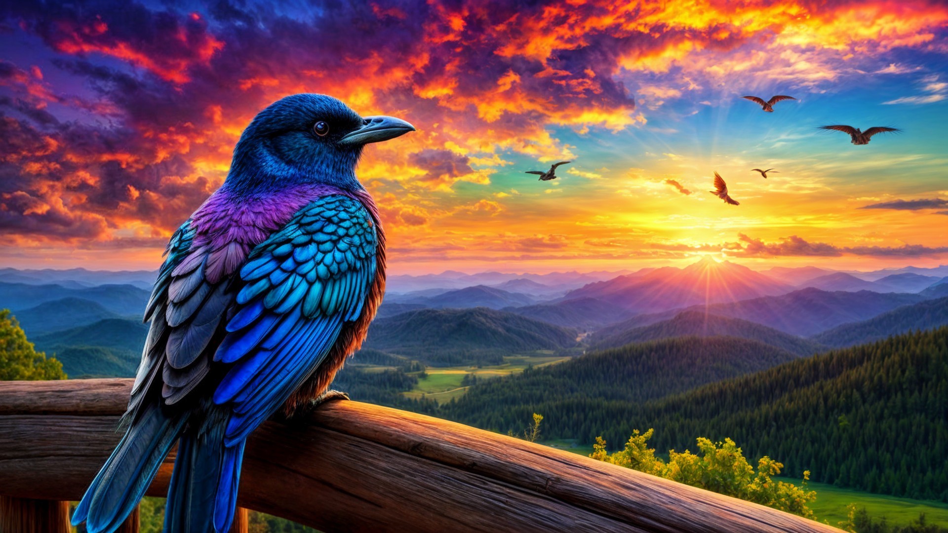 Vibrant bird with iridescent feathers at sunset