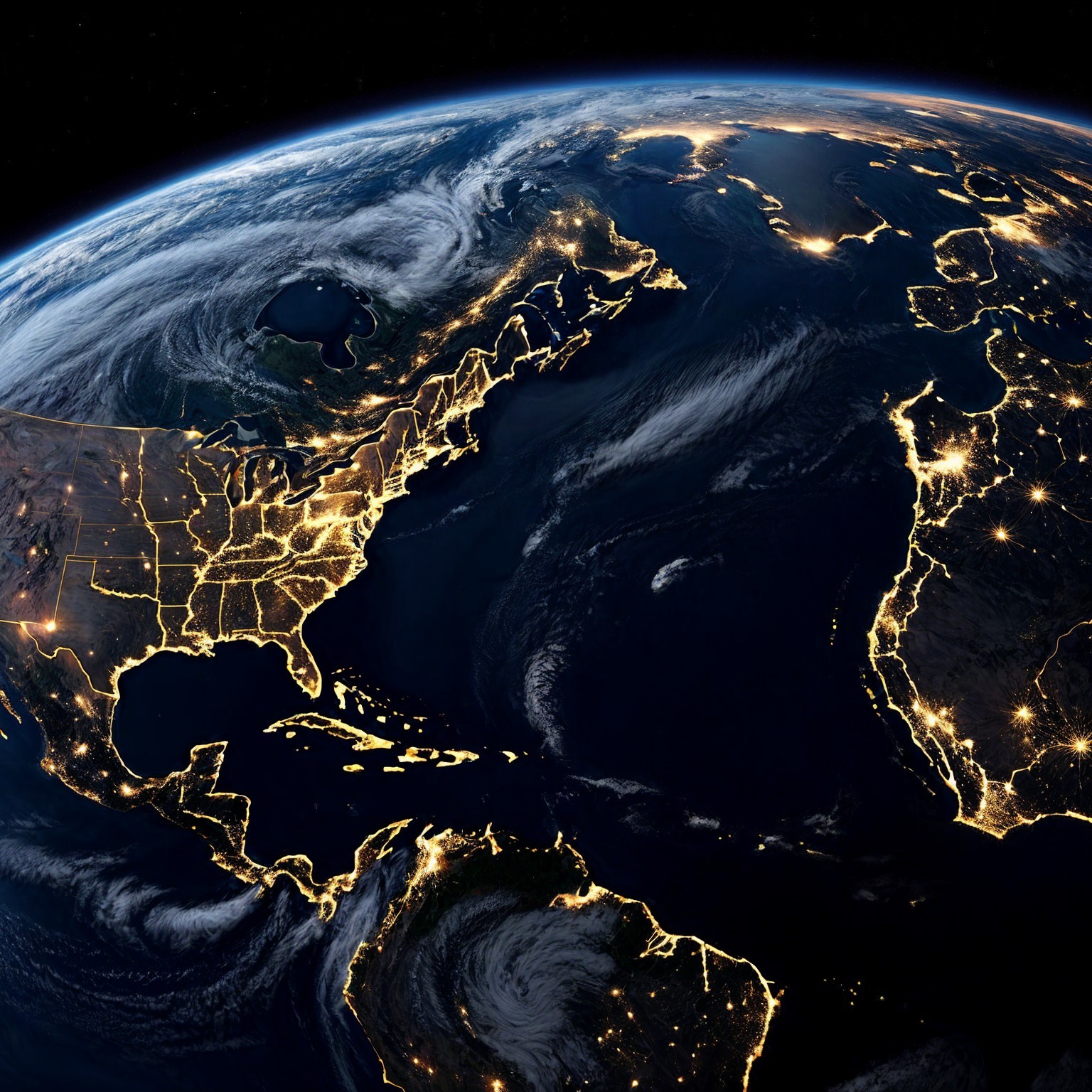 Nighttime View of Earth from Space with City Lights