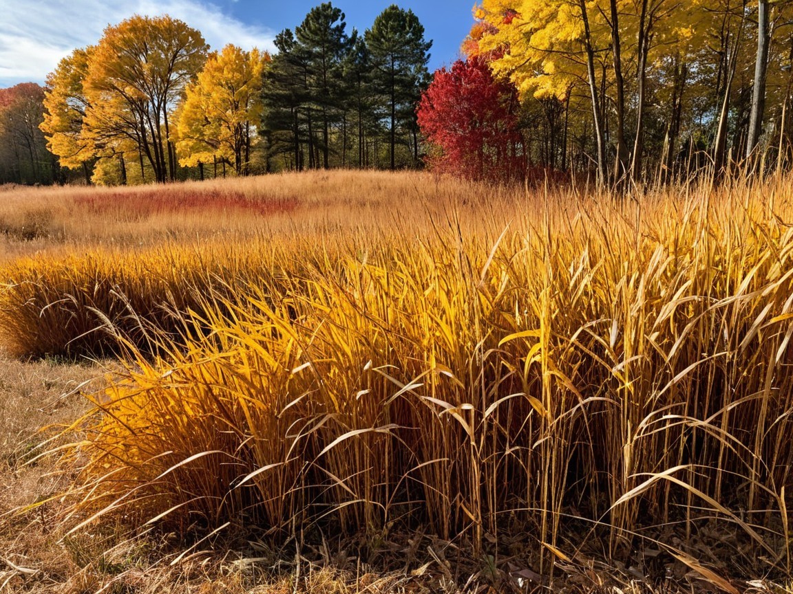 Vibrant Autumn Landscape with Golden Grasses and Trees