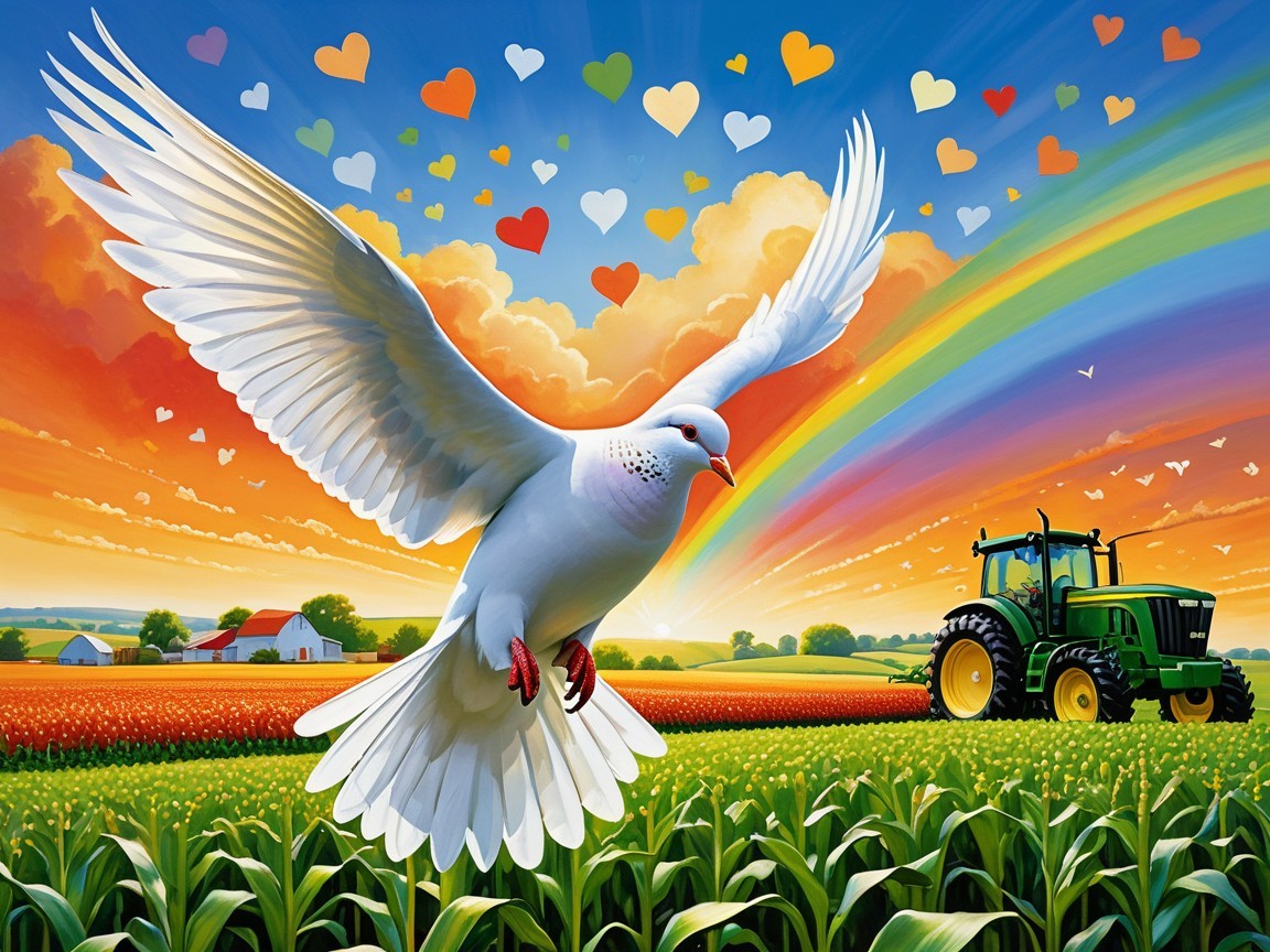 White Dove Over Colorful Landscape at Sunset