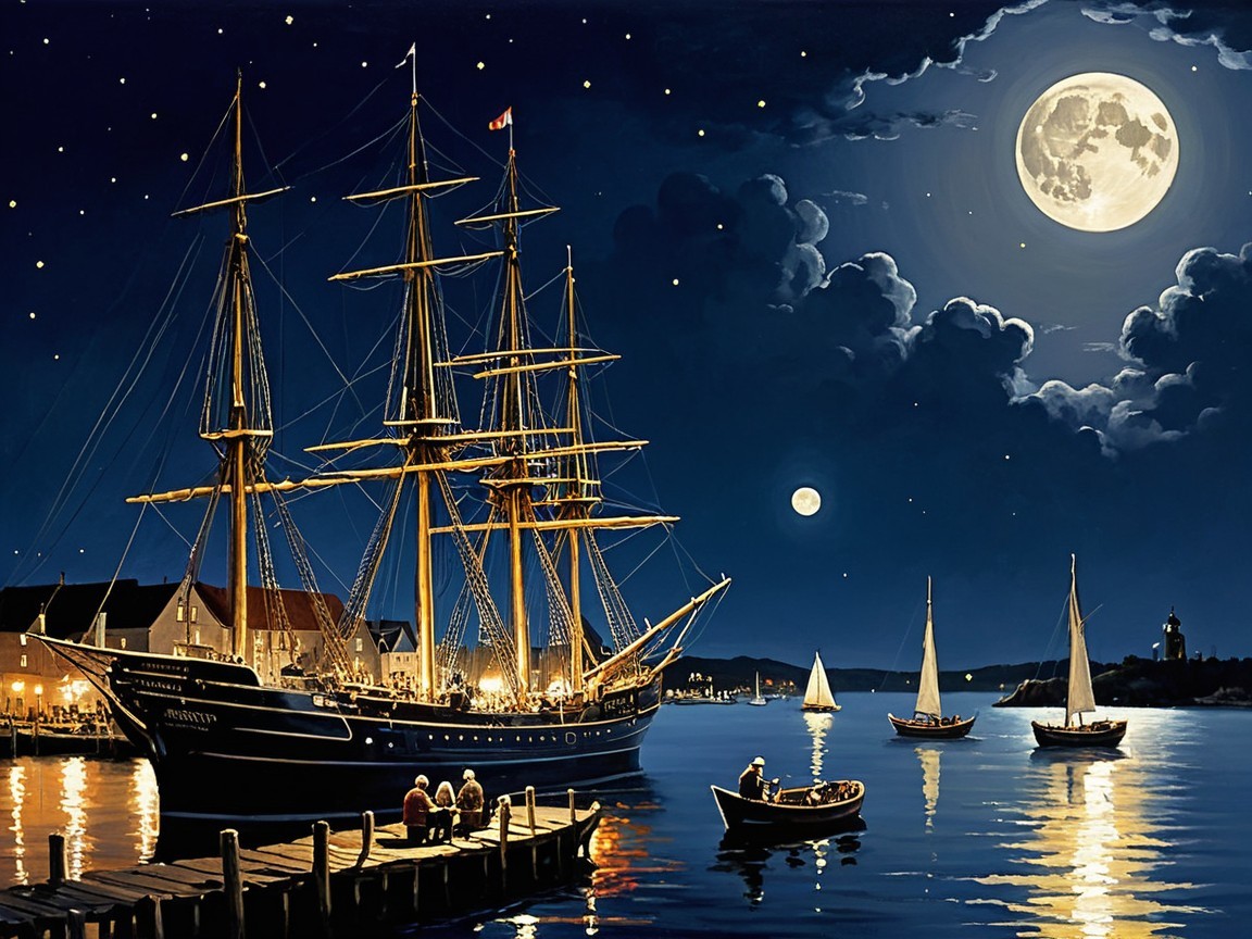 Full Moon Illuminates Night Harbor with Schooner