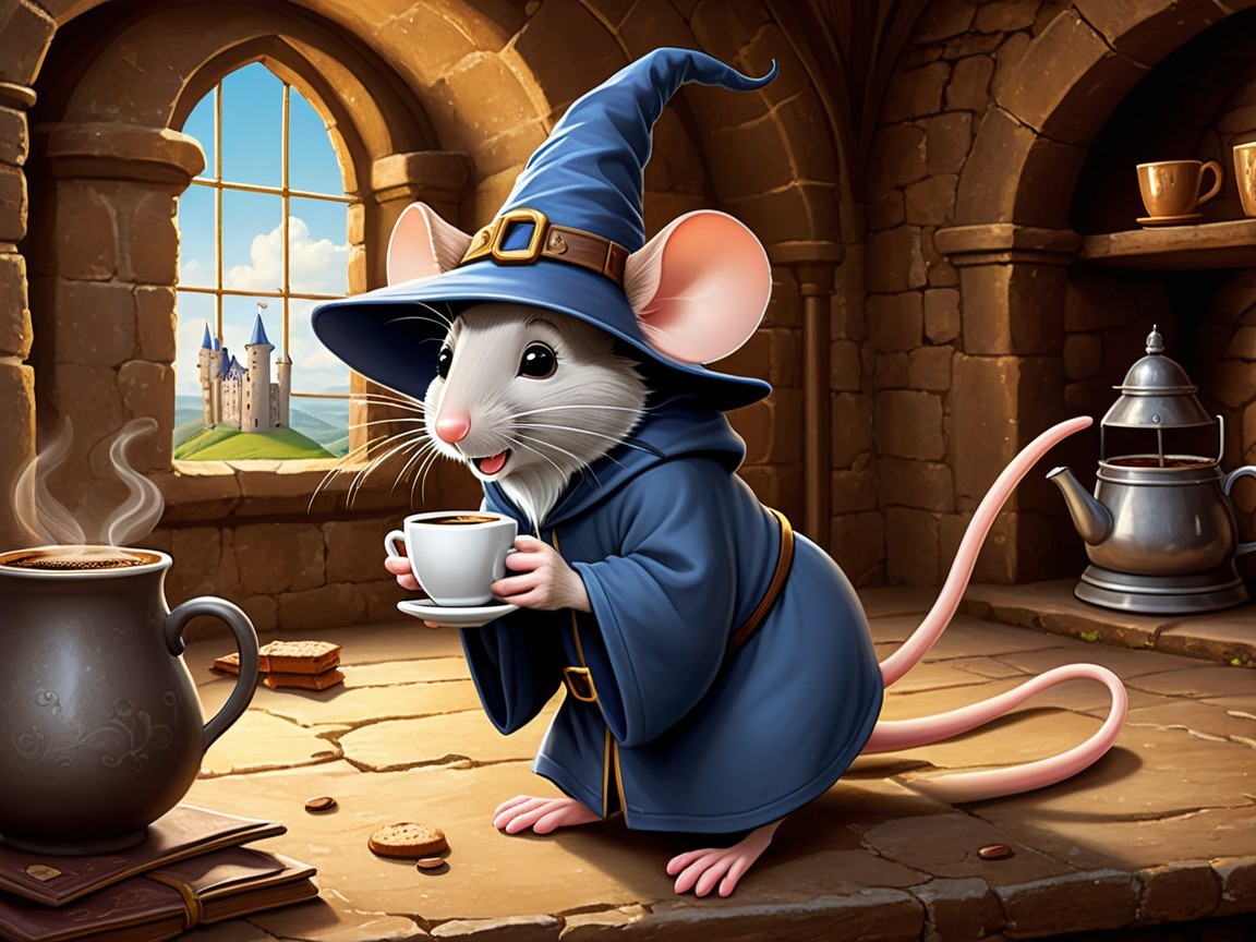 Whimsical Mouse in Medieval Kitchen with Tea