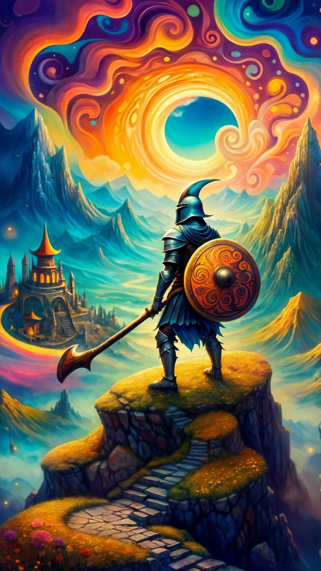 Lone Warrior on Misty Cliff Overlooking Vibrant Landscape