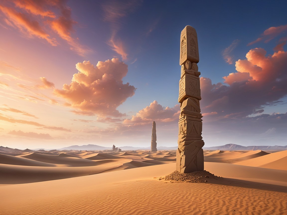 Ancient Stone Pillars in a Serene Desert Landscape