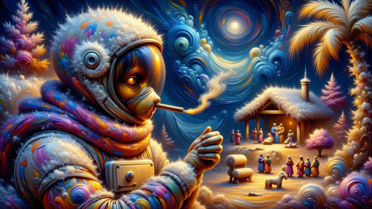 Psychedelic Digital Painting of Astronaut Nativity Scene