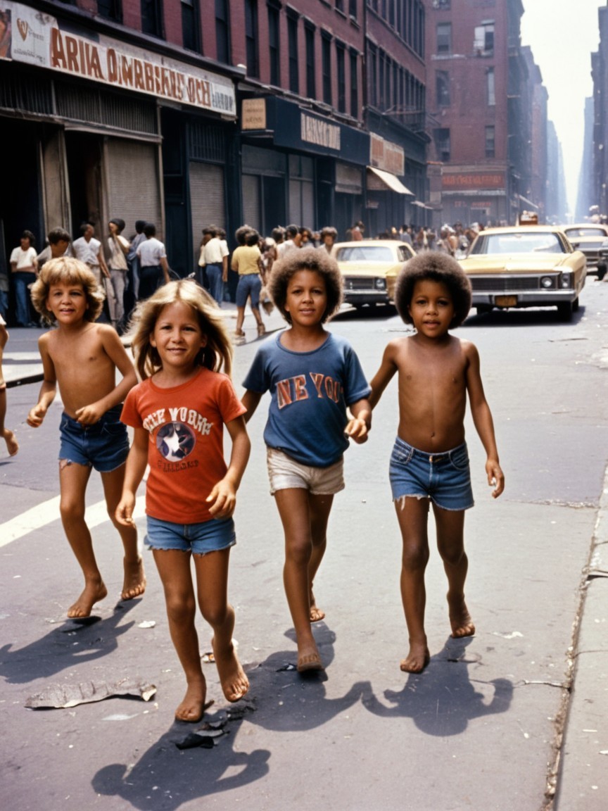 Children Walking in a Busy Urban Street Scene