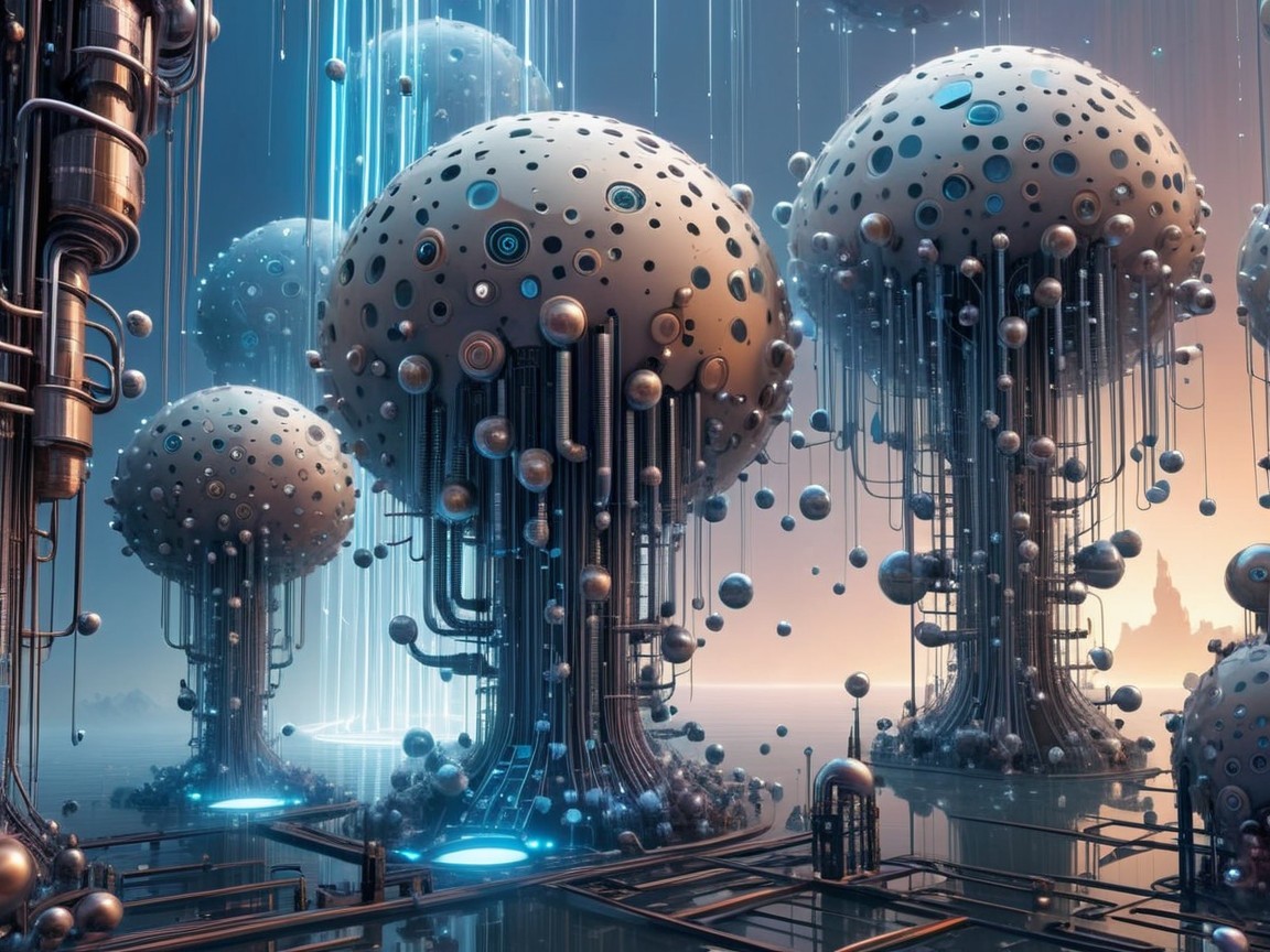 Futuristic Landscape with Neon Metallic Trees