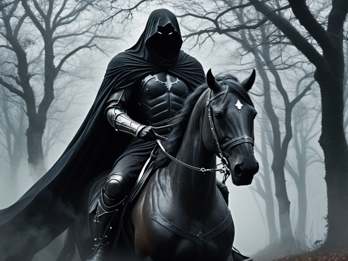Mysterious Figure in Dark Armor Riding Through Foggy Forest