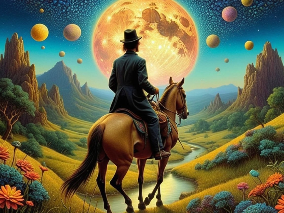 Rider on Horseback Under Vivid Moonlit Landscape