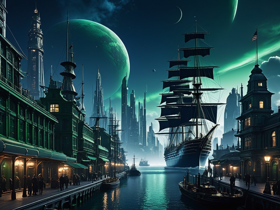 Futuristic Cityscape with Vintage Architecture at Twilight