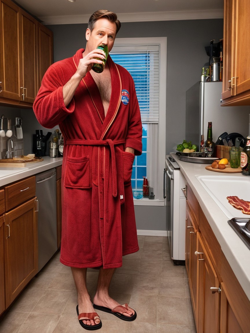 Man in Red Bathrobe Relaxing in Cozy Kitchen