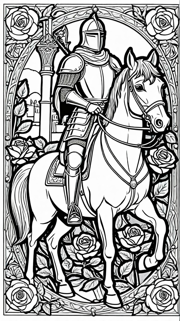 Detailed Line Art of Knight on Horse with Roses