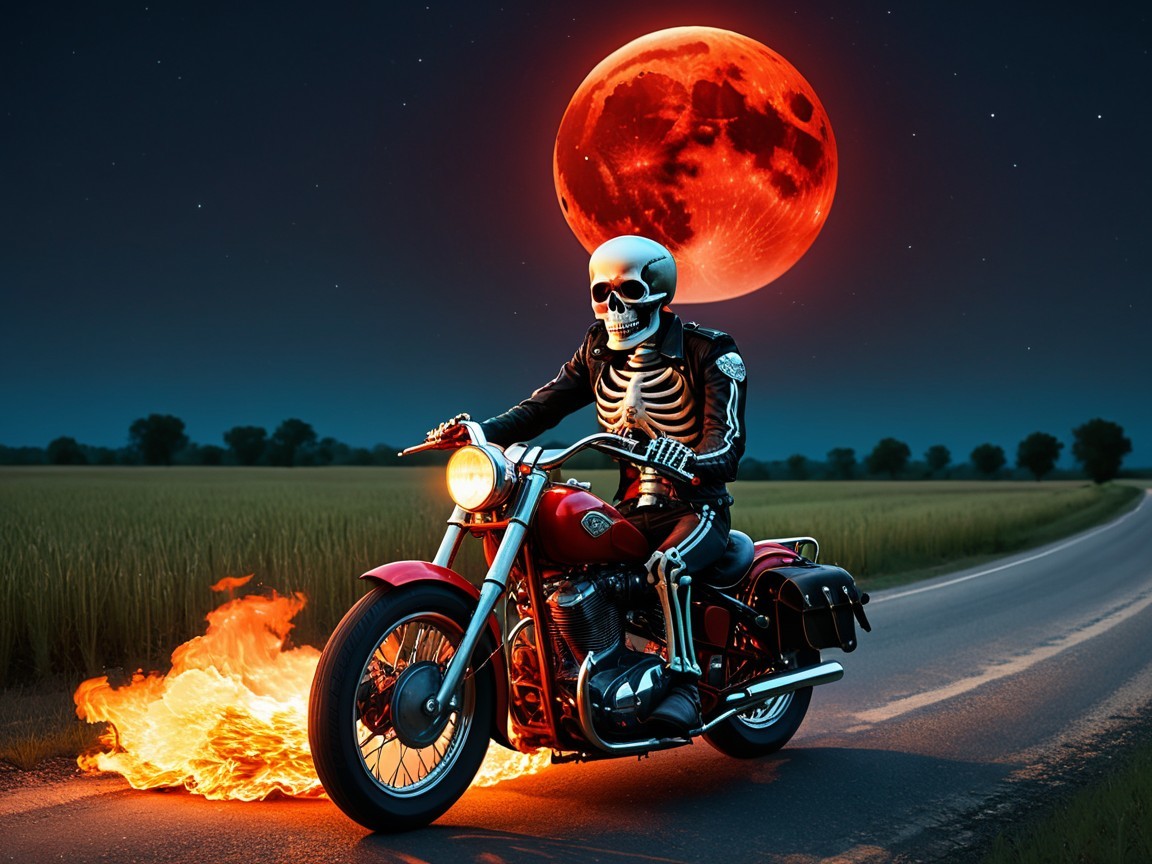 Skeleton in Leather Jacket on Motorcycle at Night