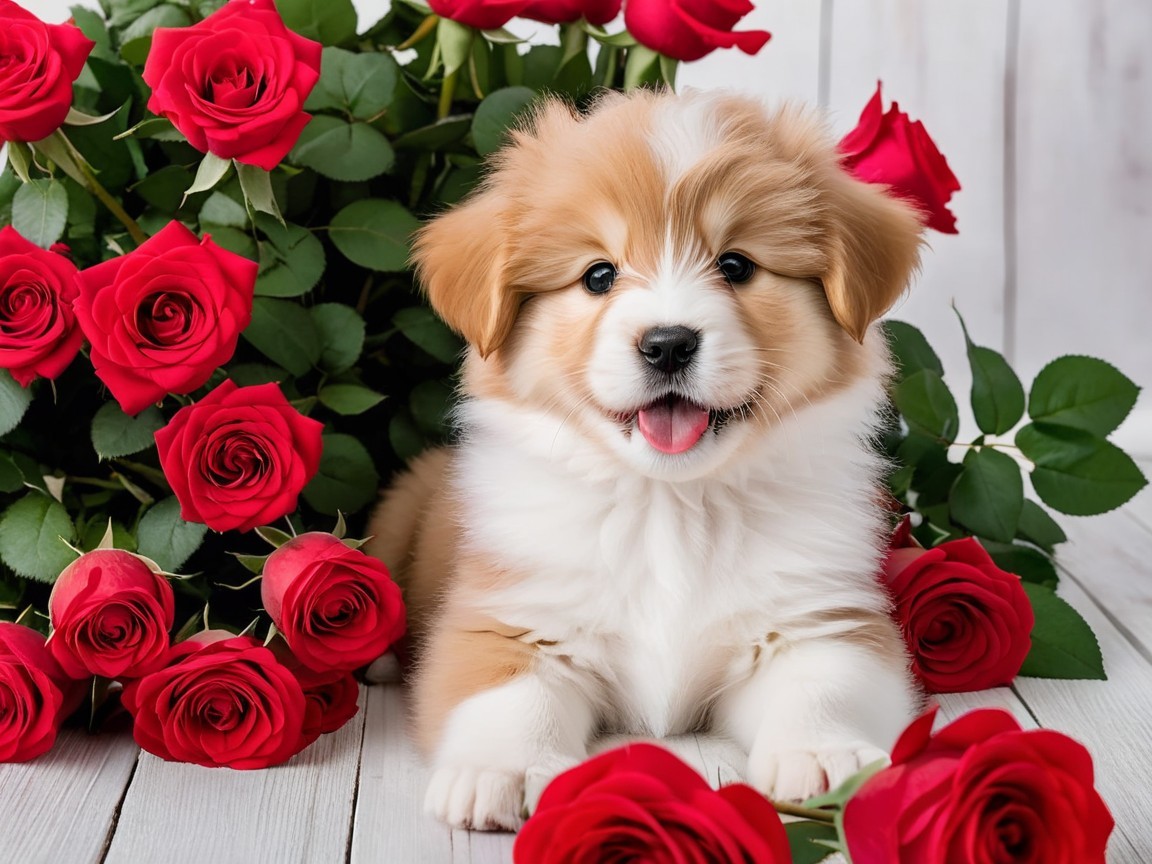 Fluffy Puppy Surrounded by Red Roses and Green Leaves