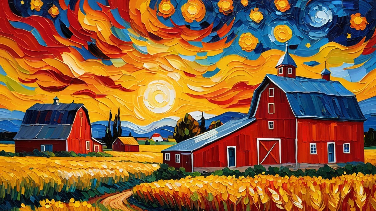 Impressionistic Landscape with Red Barns and Sunset Sky