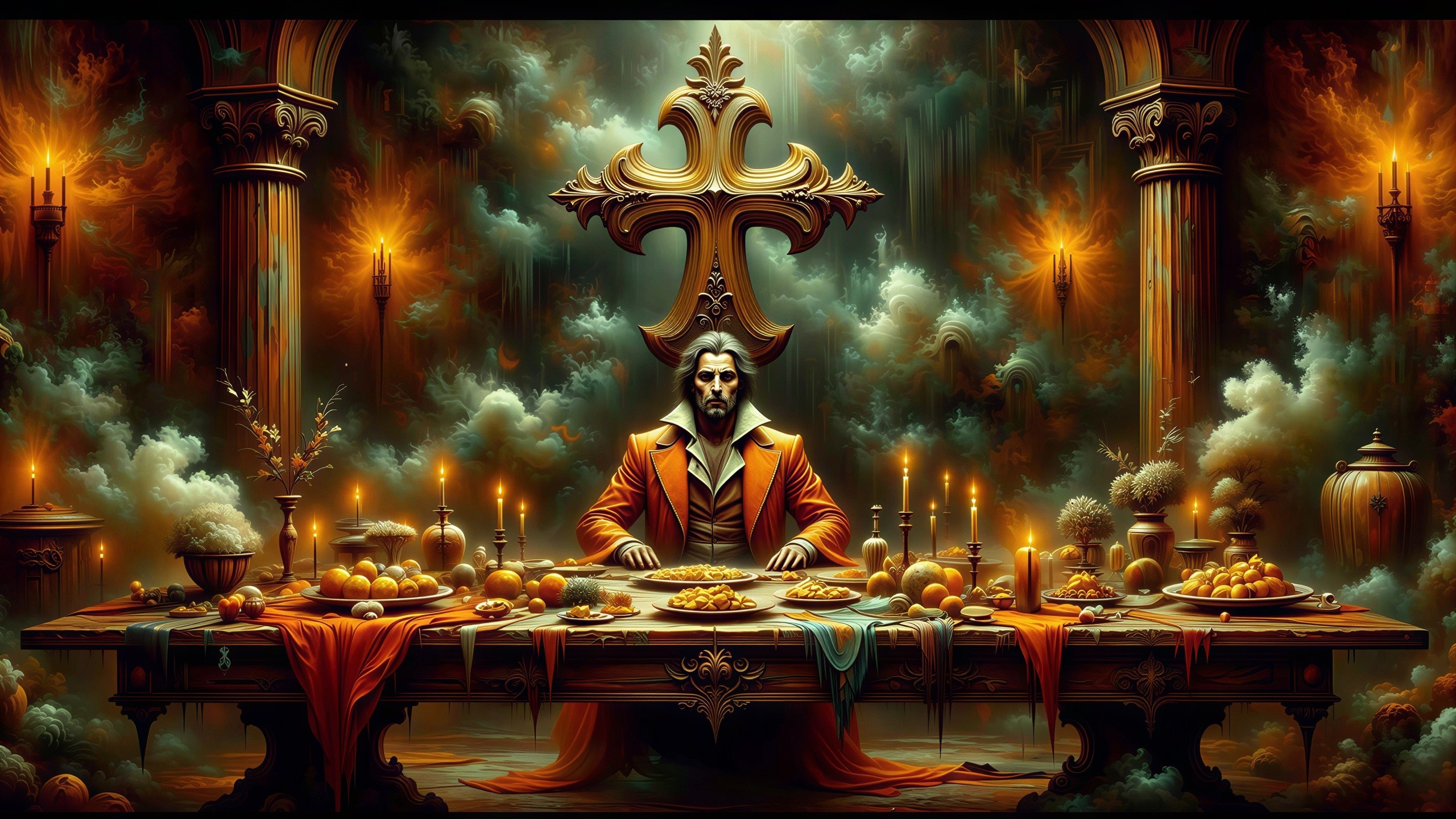 Man at Table with Food, Candles, and Cross Backdrop