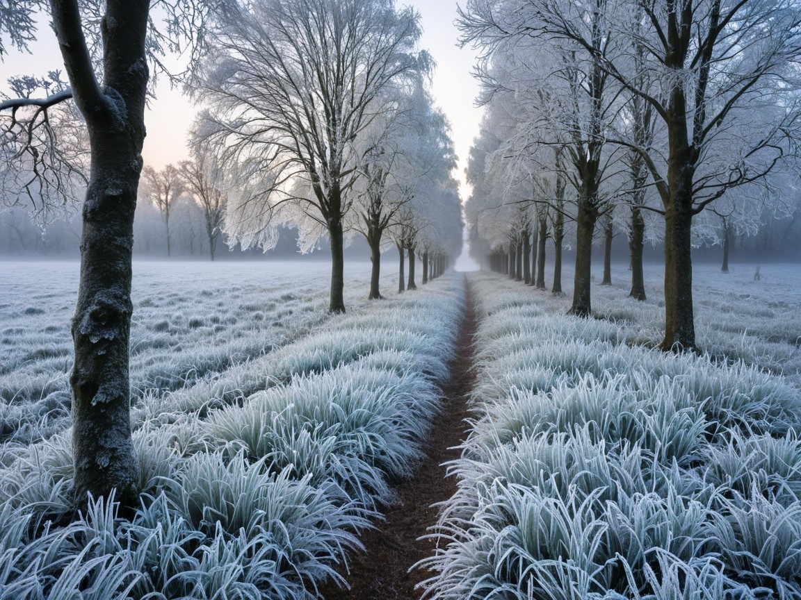 Serene Winter Landscape with Frosted Trees and Mist