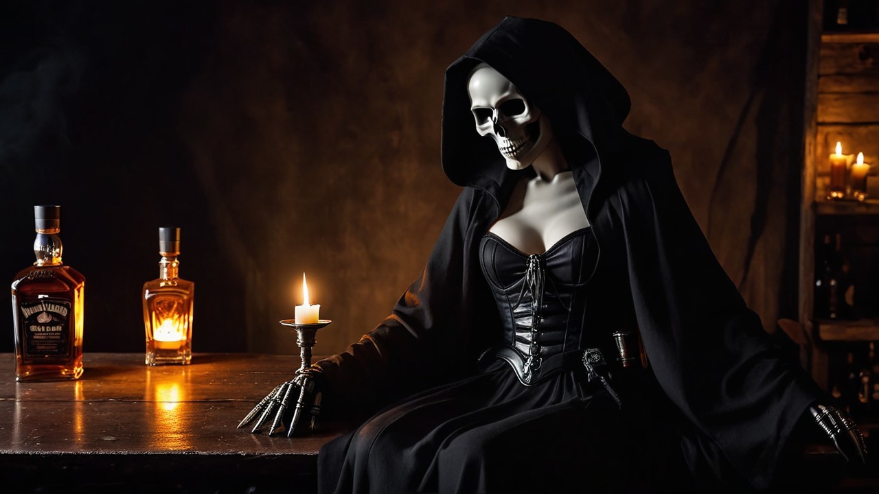 Gothic Skeleton Figure in Dimly Lit Setting