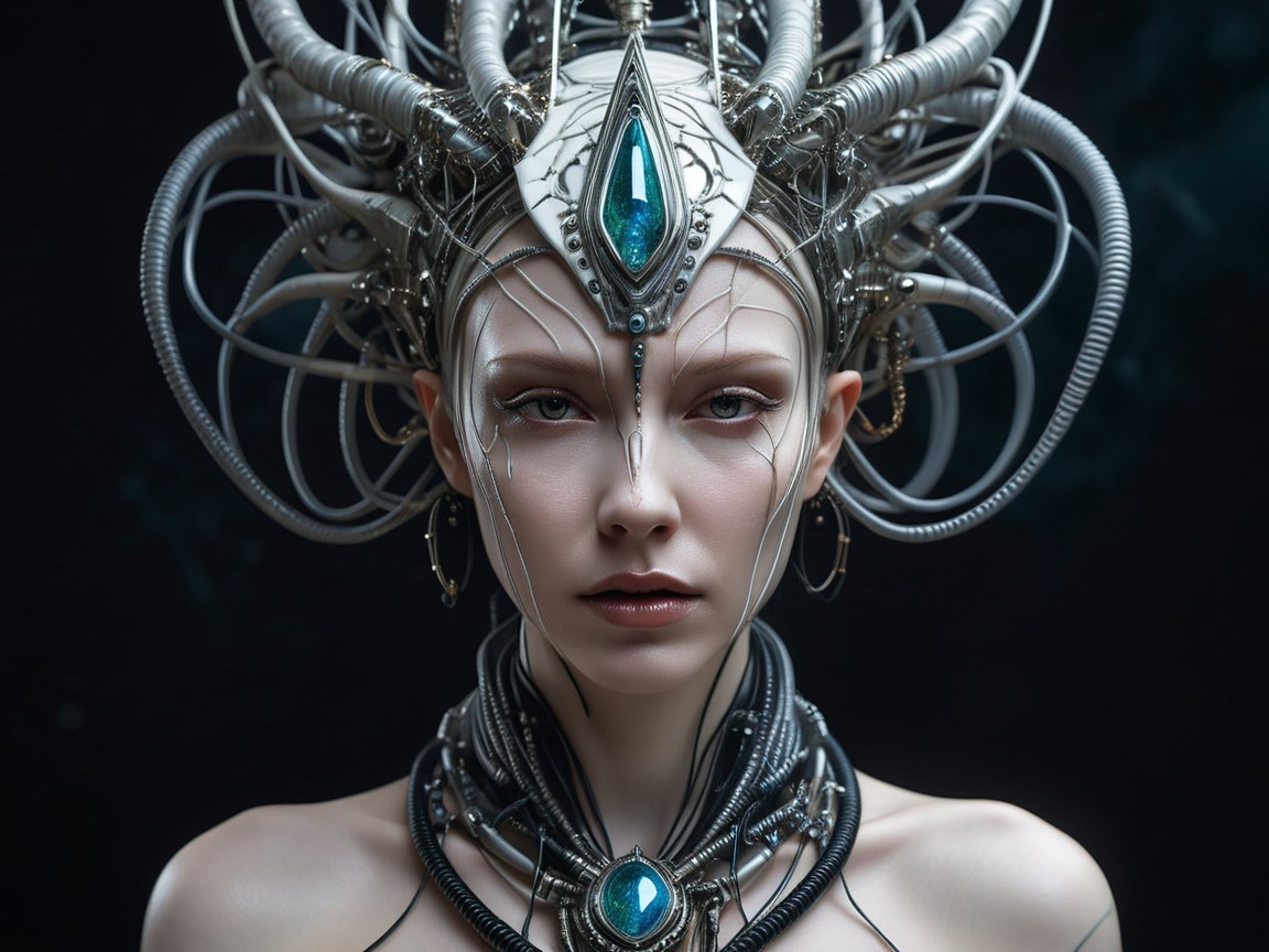 Futuristic figure with metallic headpiece and jewel