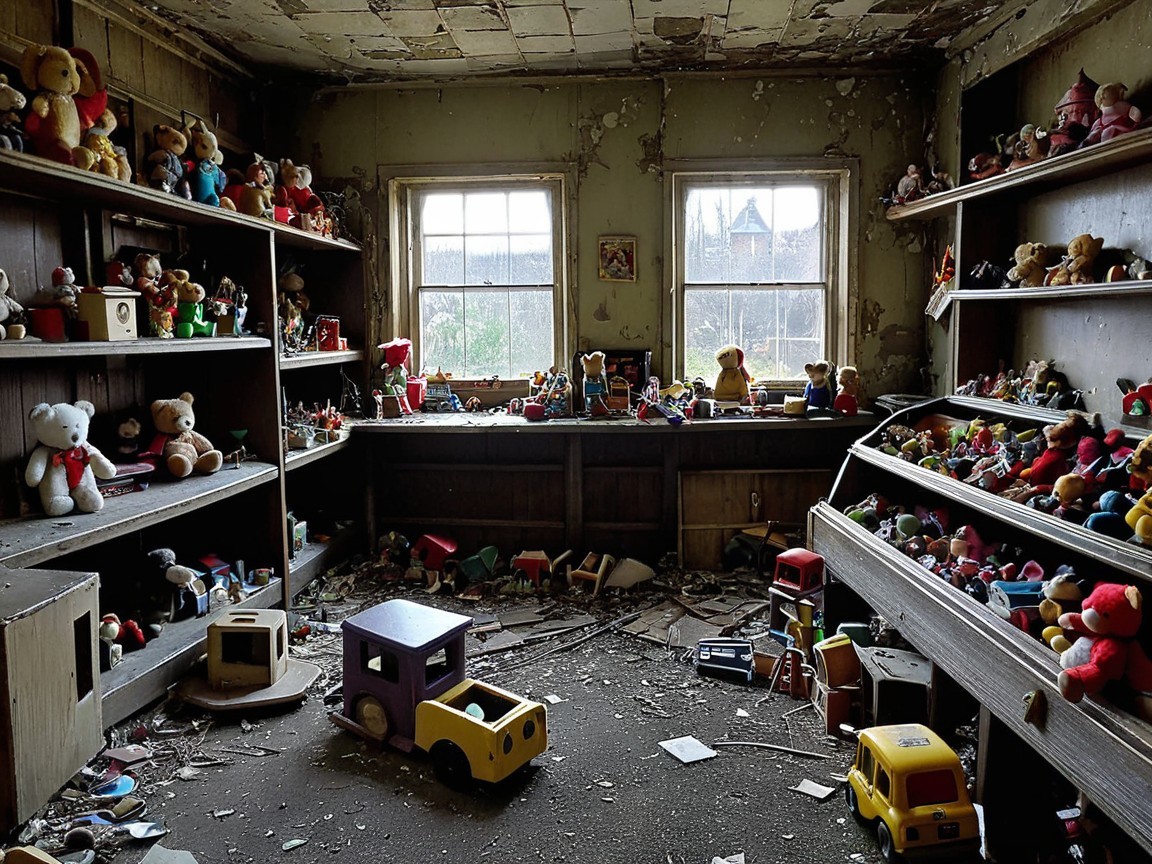 Abandoned Room with Dusty Shelves and Toys