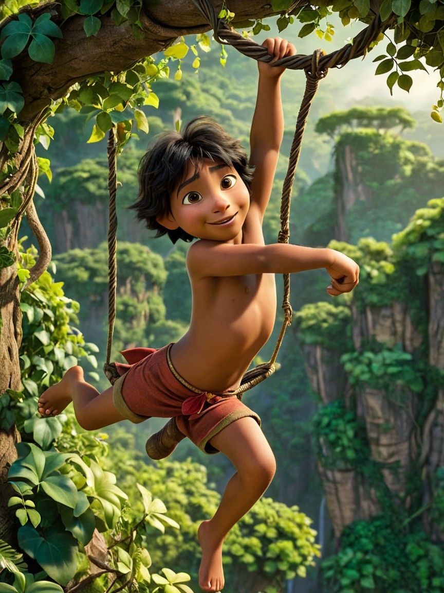 Young boy swinging from a vine in a jungle setting