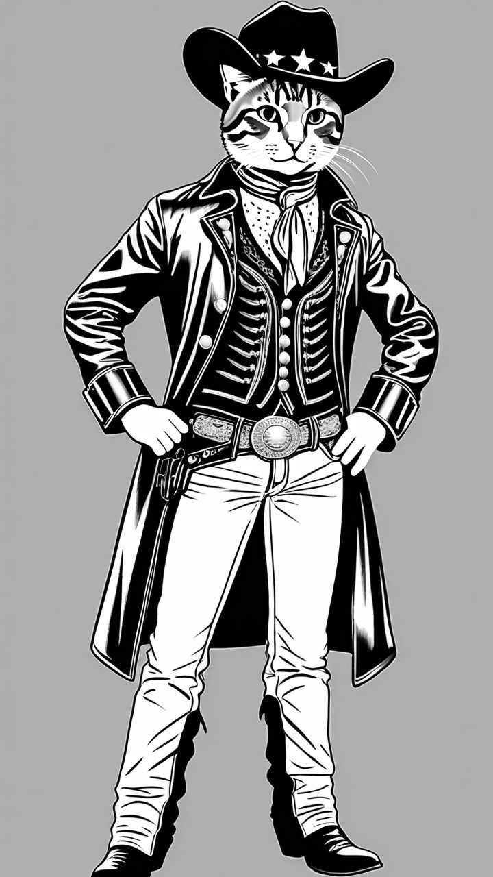 Cartoon Cat in Cowboy Outfit with Tabby Pattern