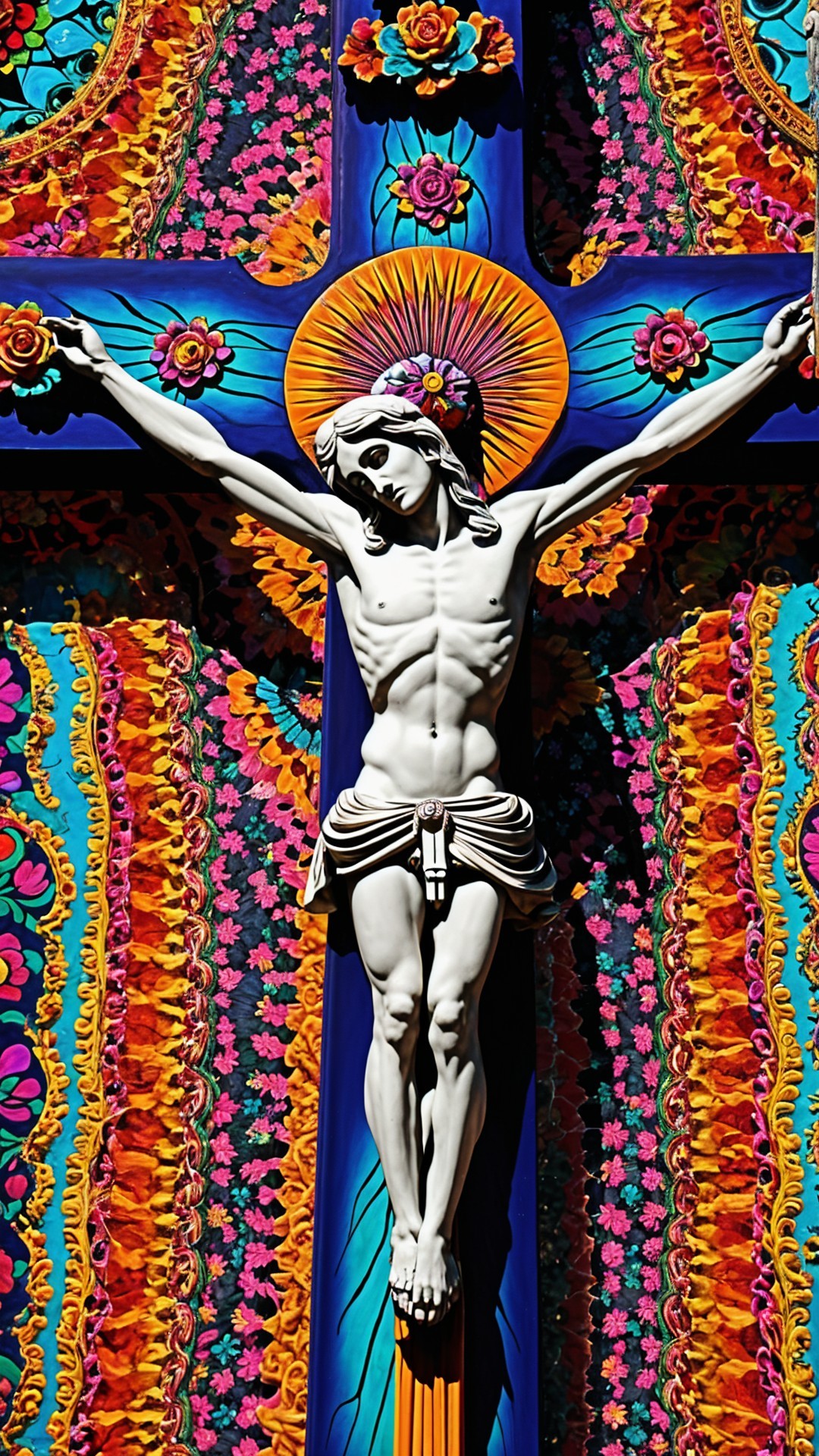 Intricately Designed Cross with Colorful Backdrop