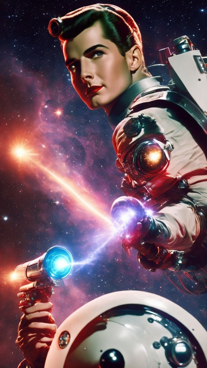 Futuristic astronaut in retro space suit with gadgets