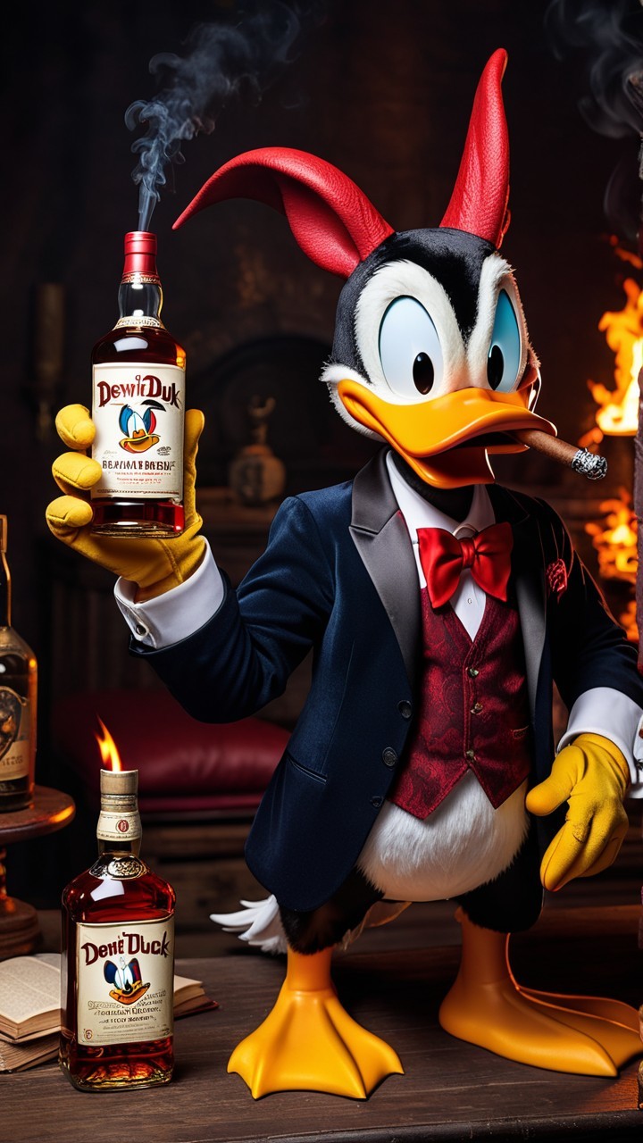 Dapper Penguin in Tuxedo with Bourbon and Cigar