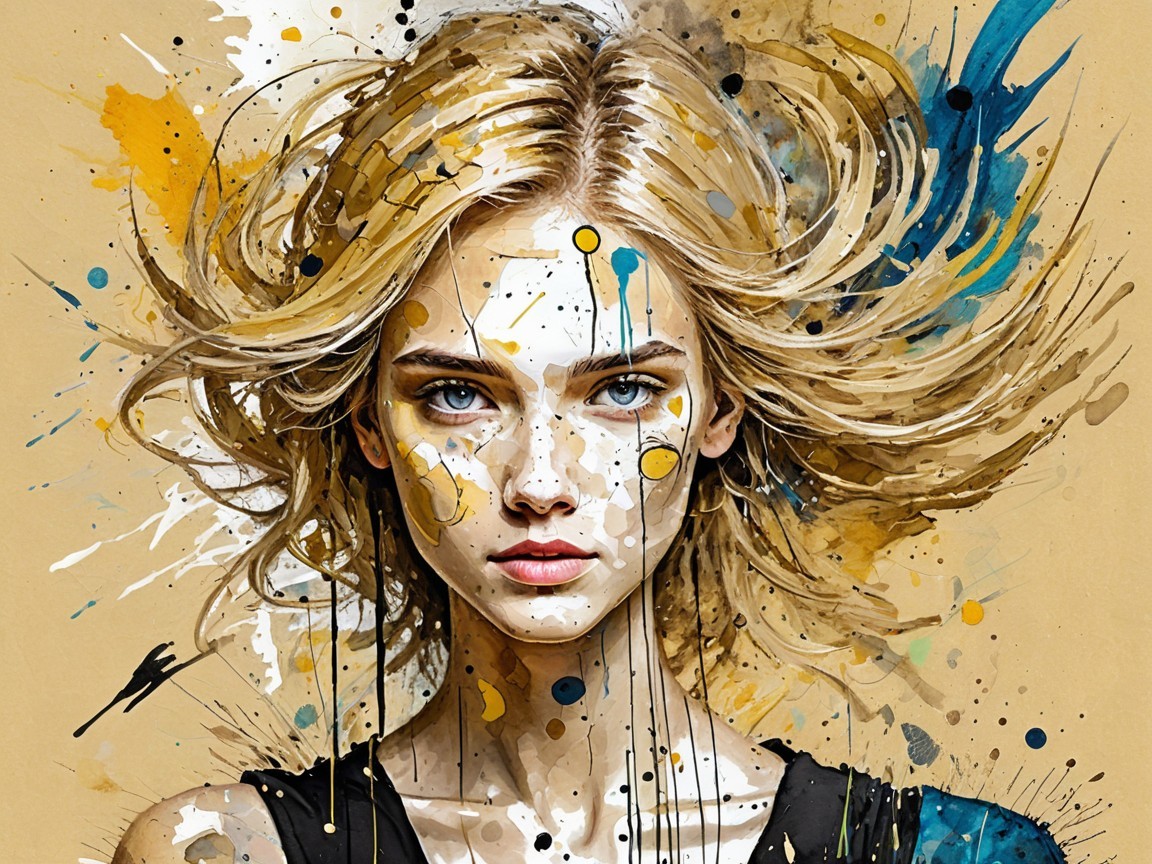 Watercolor Portrait of Young Woman with Colorful Splatters