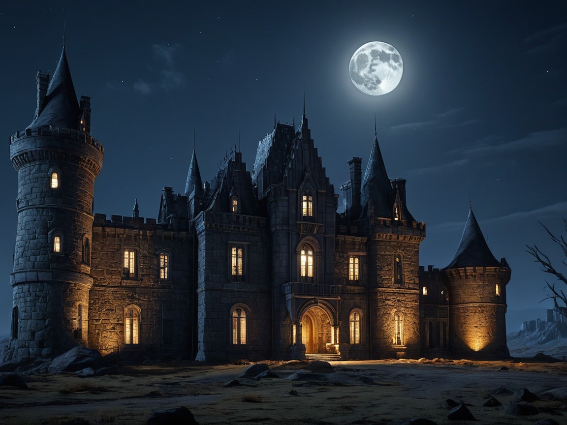 Majestic stone castle illuminated by a full moon