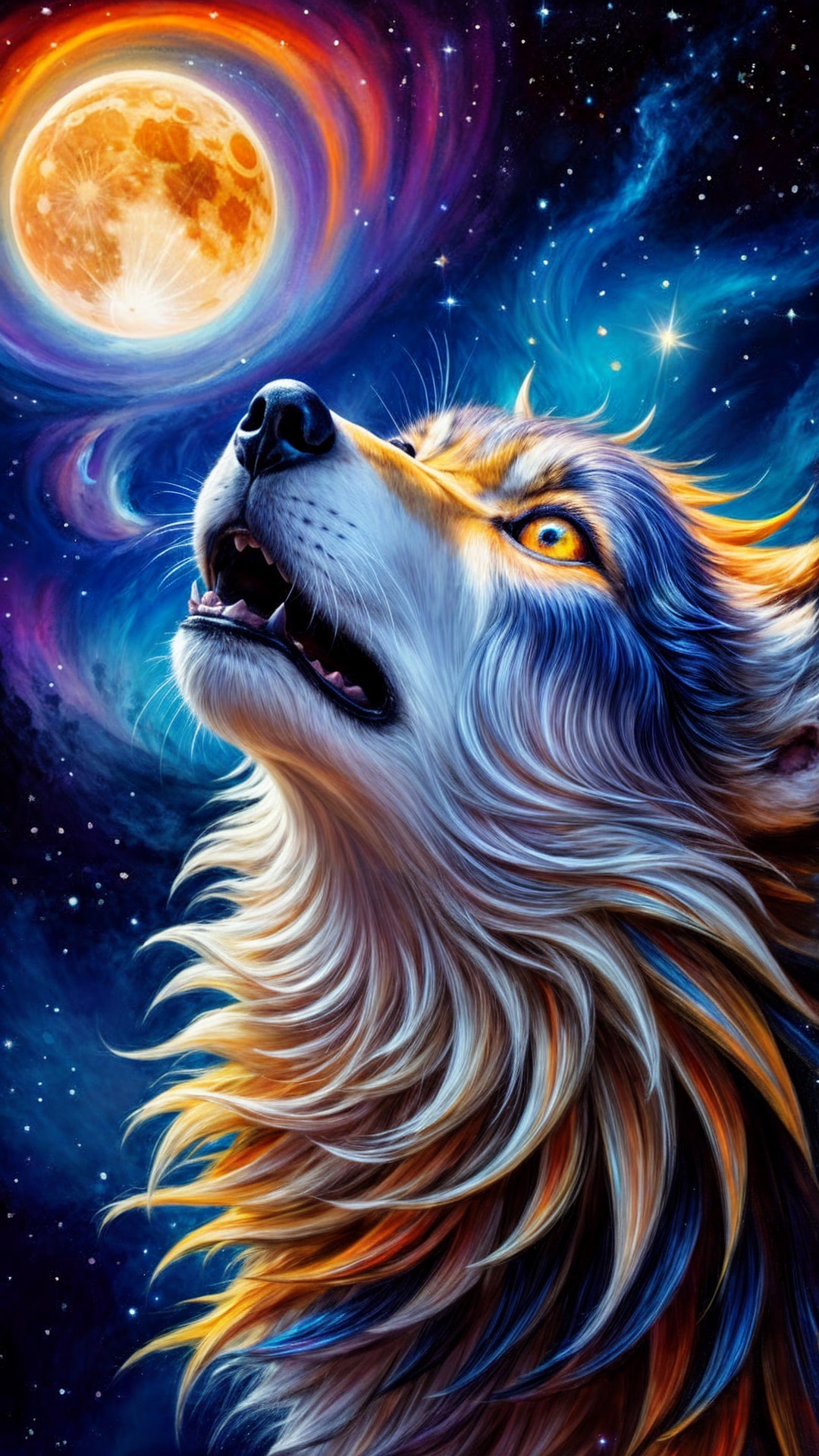 Wolf in Cosmic Night Sky with Radiant Moon