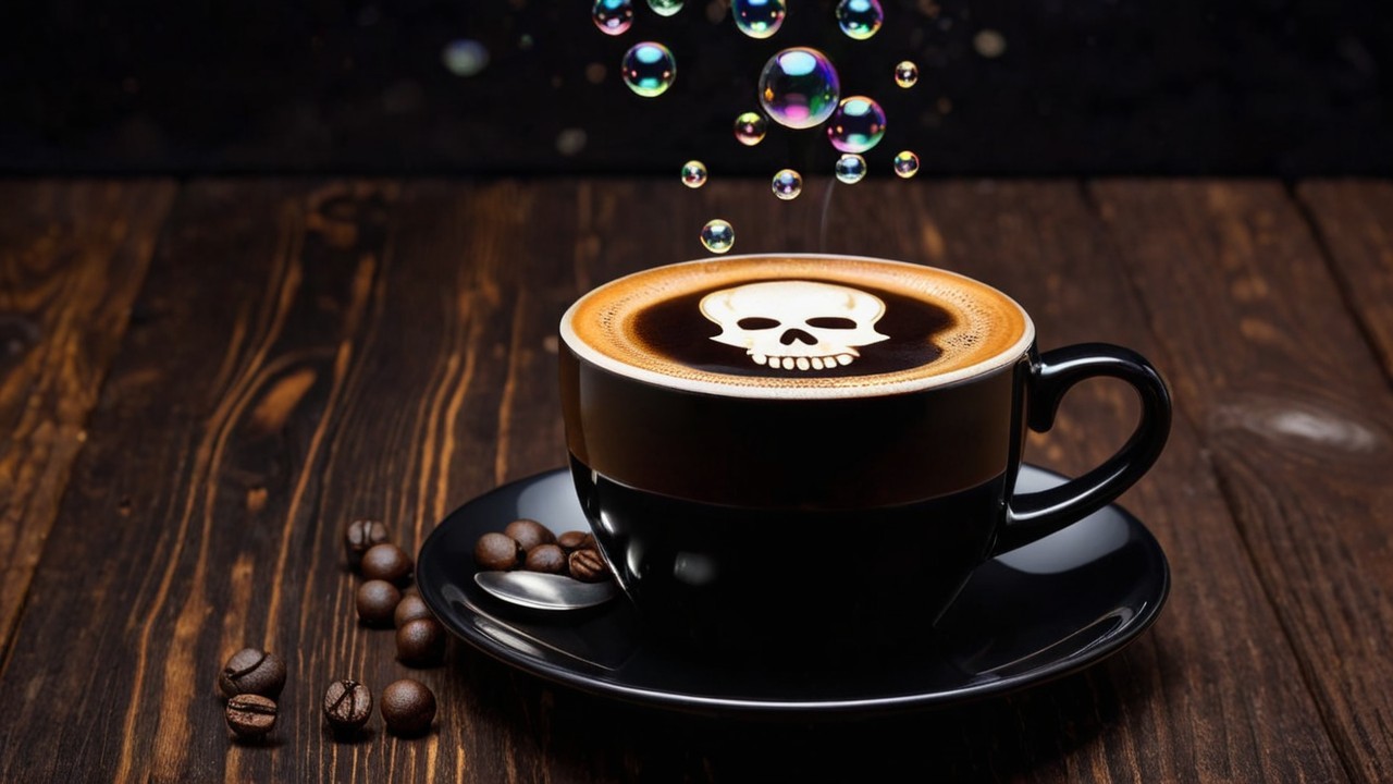 Black Coffee Cup with Skull Foam and Colorful Bubbles
