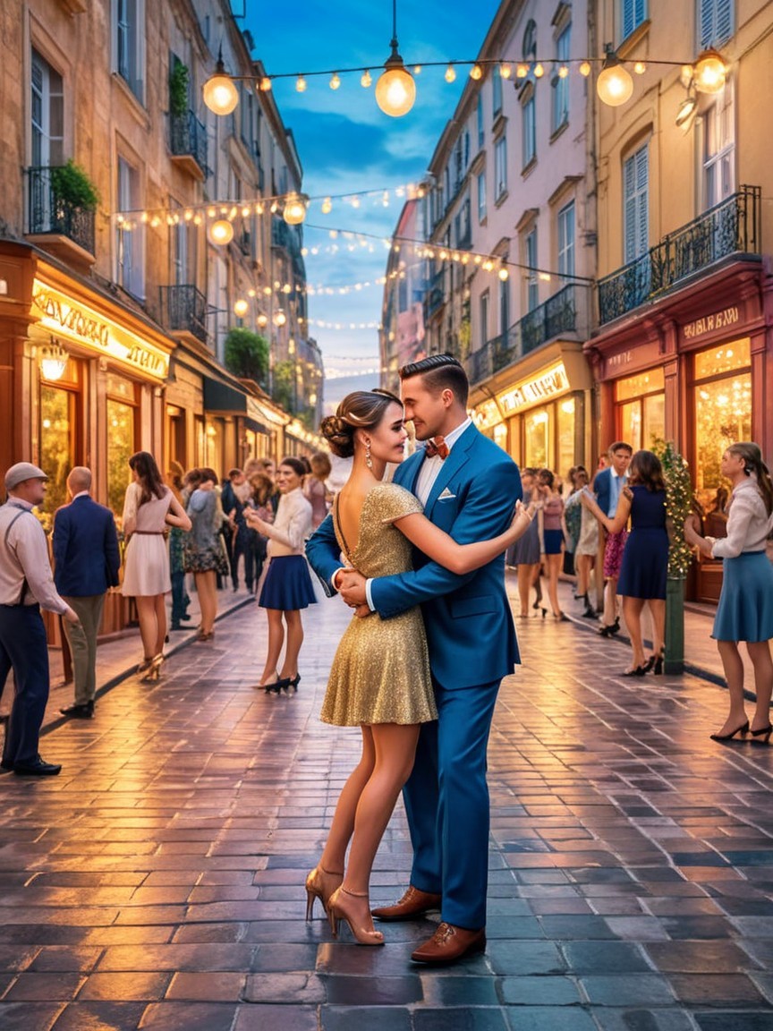 Couple Dancing in Festive Street with Shops and Lights