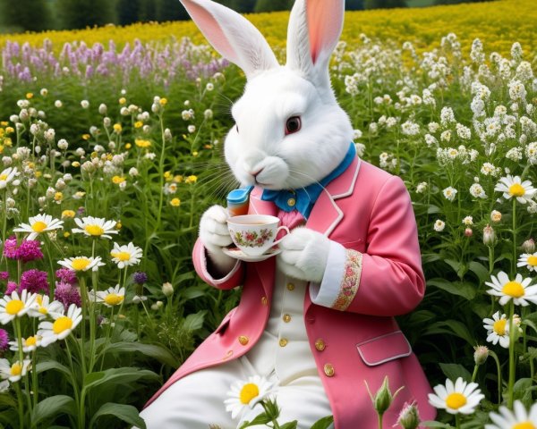 Anthropomorphic rabbit in a pink suit among flowers