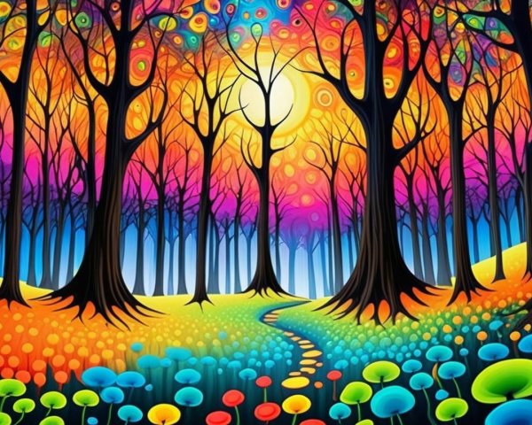 Surreal Forest Landscape with Colorful Sky and Meadow