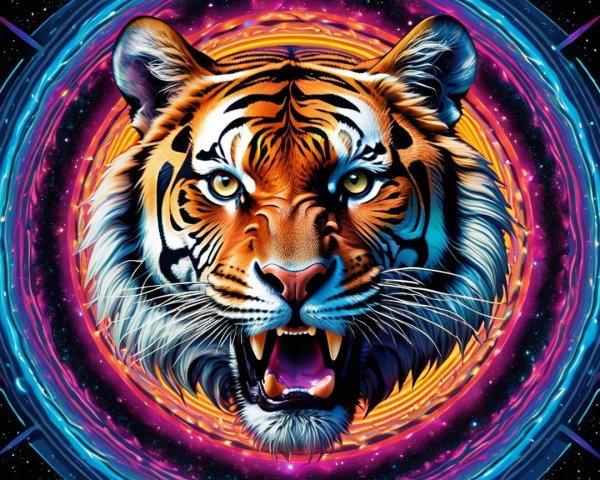 Vibrant Illustration of a Tiger's Head with Vortex Background