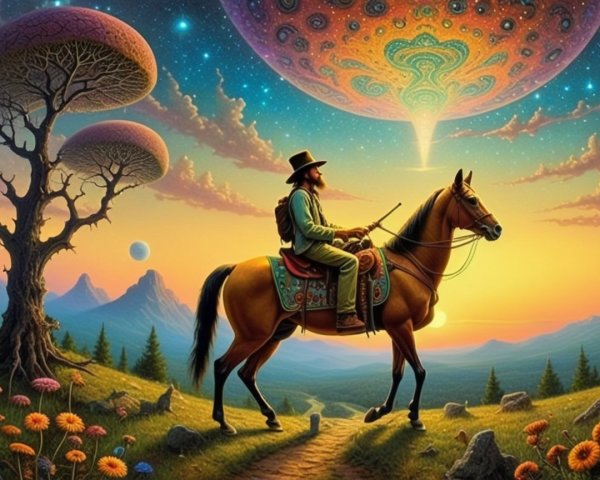 Cowboy Riding Horse Through Vibrant Wildflower Landscape