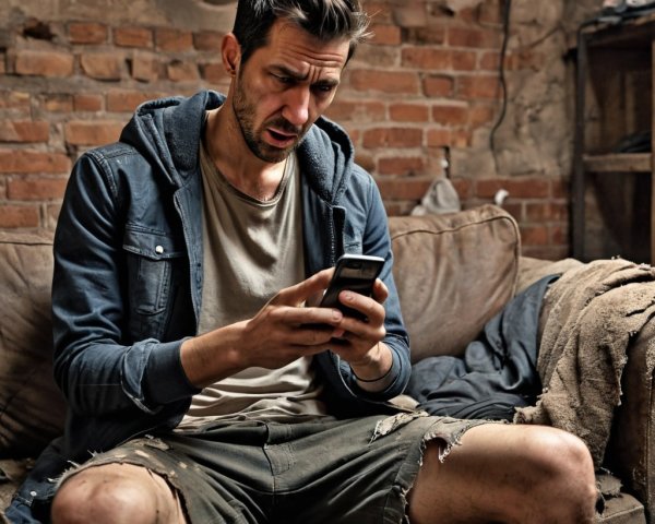 Man Engrossed in Smartphone in Rustic Room Setting