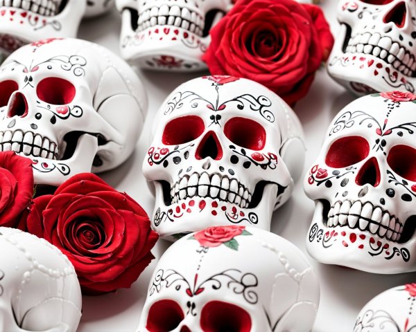Vibrant Sugar Skulls and Red Roses for Día de los Muertos