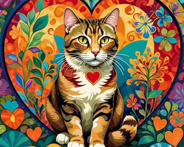 Vibrant Illustration of a Tabby Cat with Flowers