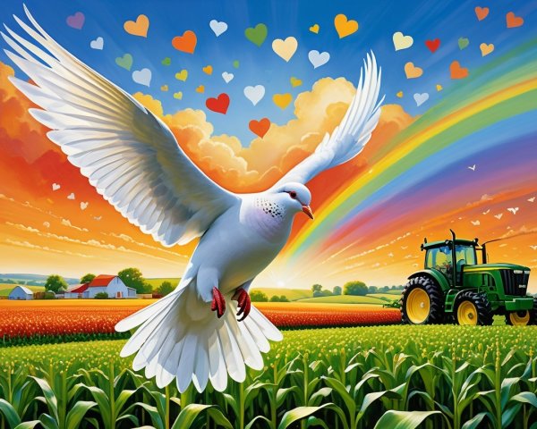 White Dove Over Colorful Landscape at Sunset