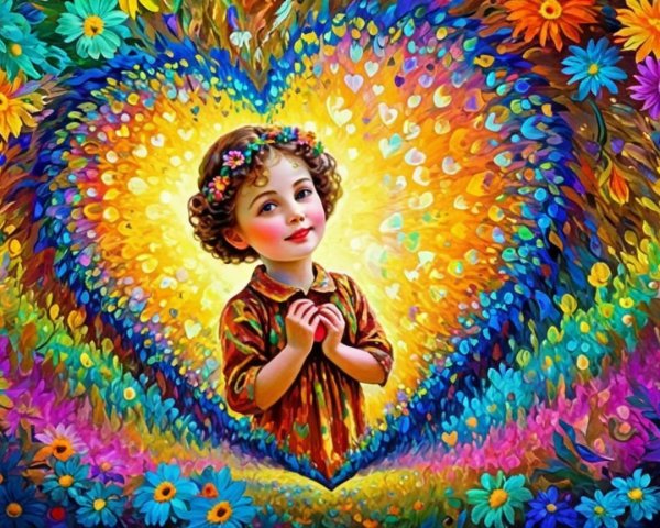 Whimsical Illustration of a Young Girl in Colorful Dress