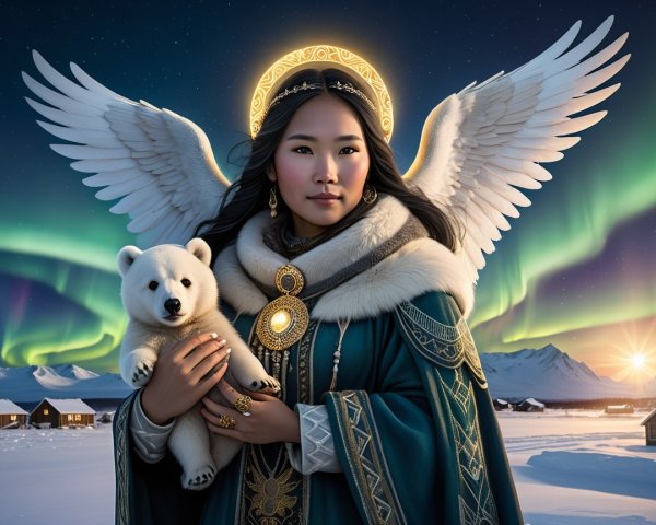 Majestic figure with white wings and polar bear under lights
