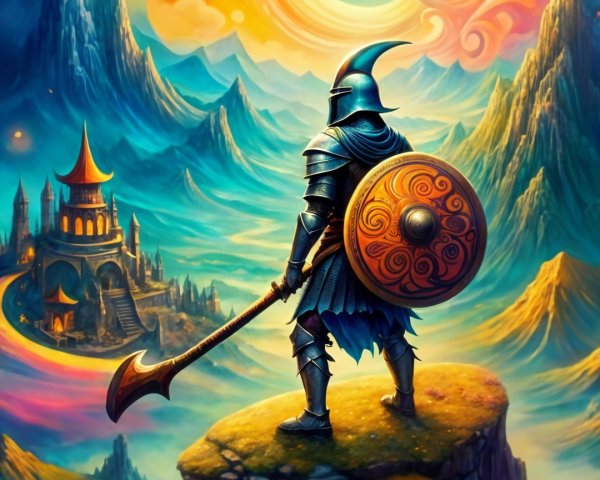 Lone Warrior on Misty Cliff Overlooking Vibrant Landscape