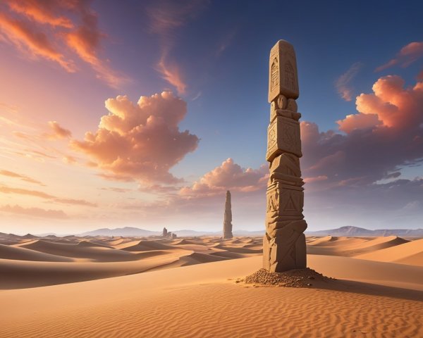 Ancient Stone Pillars in a Serene Desert Landscape